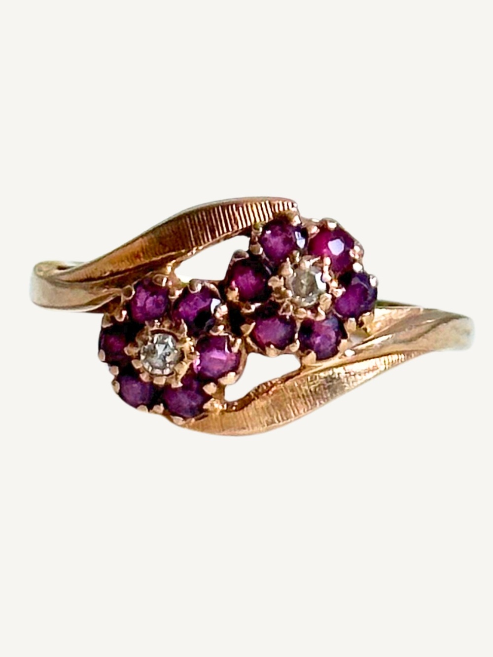 Vintage 10K Gold Rhodolite Garnet & Diamond Double Flower Cluster Ring Size 6.75